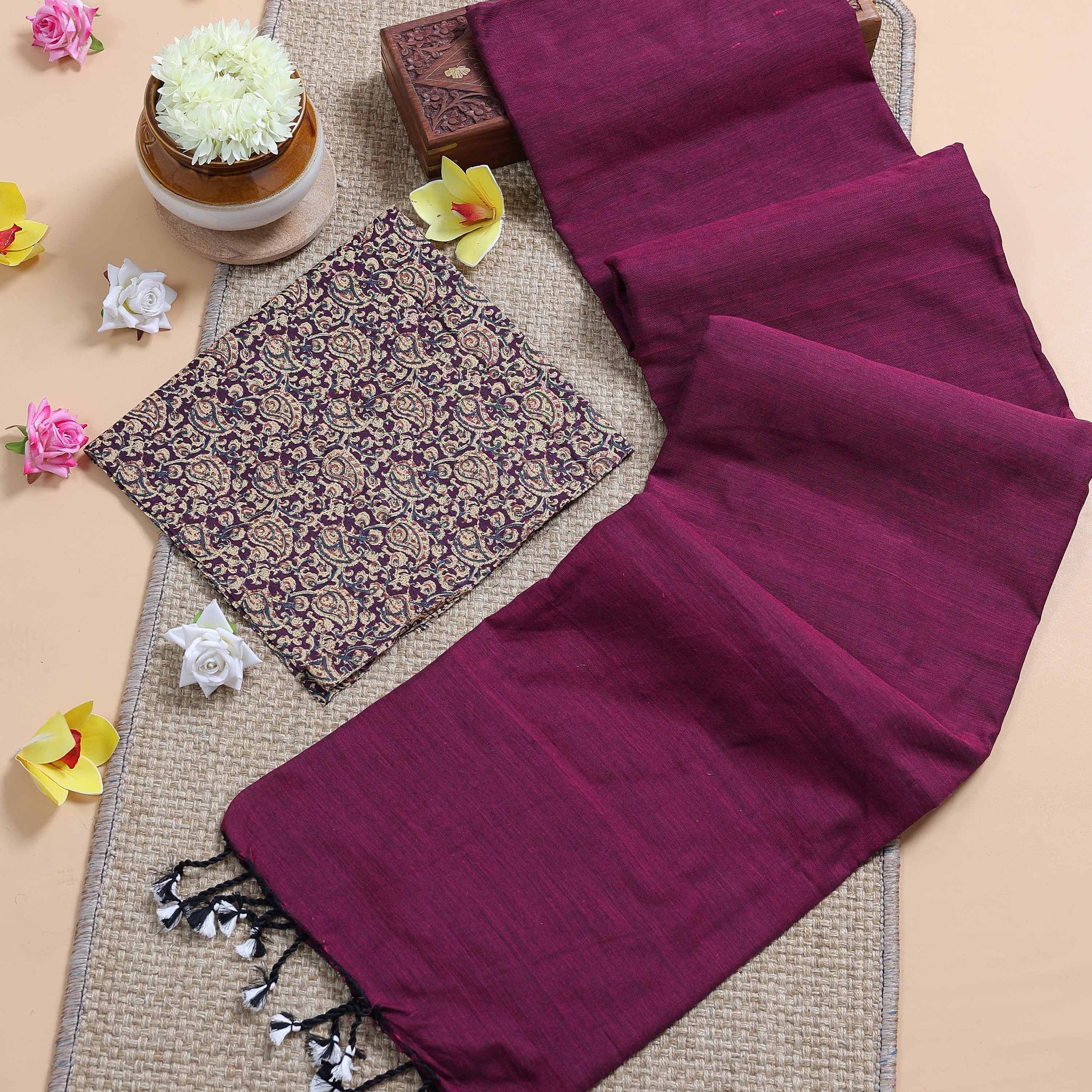 traditional-khadi-cotton-saree-with-contrast-printed-blouse-and-tassel-accents-purple-two