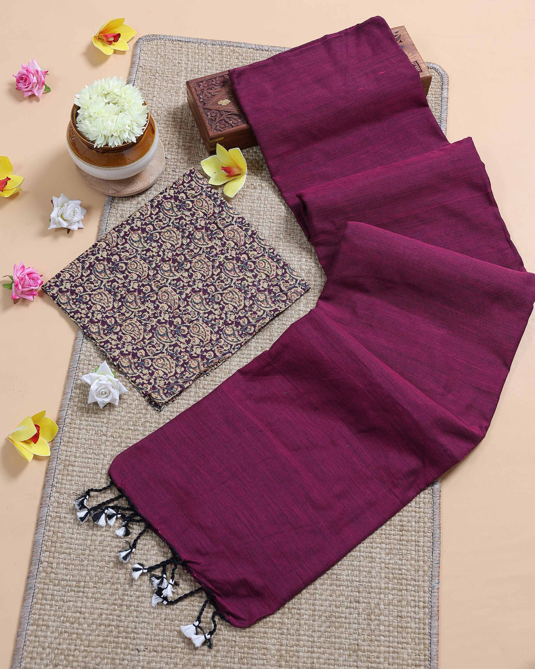 traditional-khadi-cotton-saree-with-contrast-printed-blouse-and-tassel-accents-purple-two