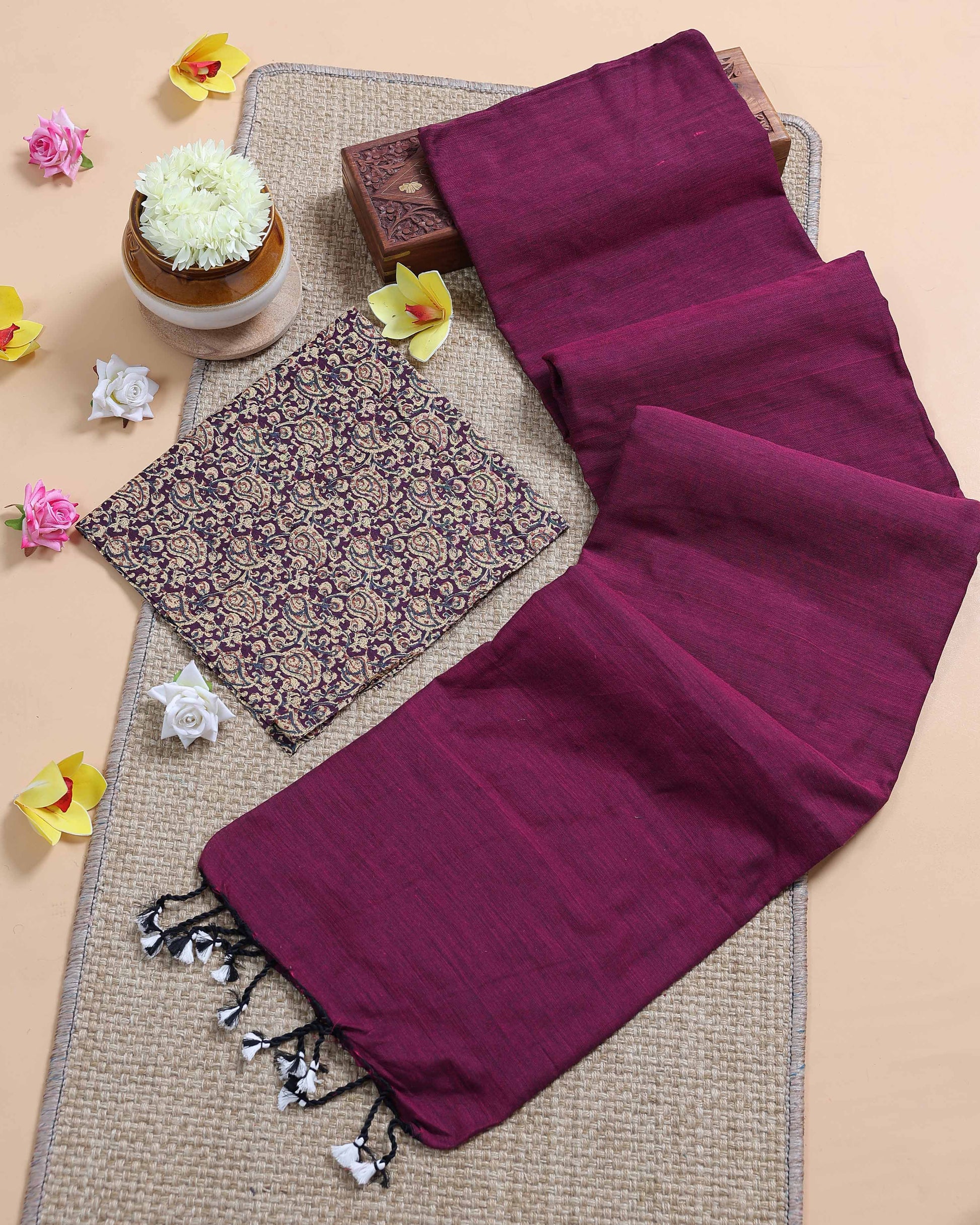 traditional-khadi-cotton-saree-with-contrast-printed-blouse-and-tassel-accents-purple-two