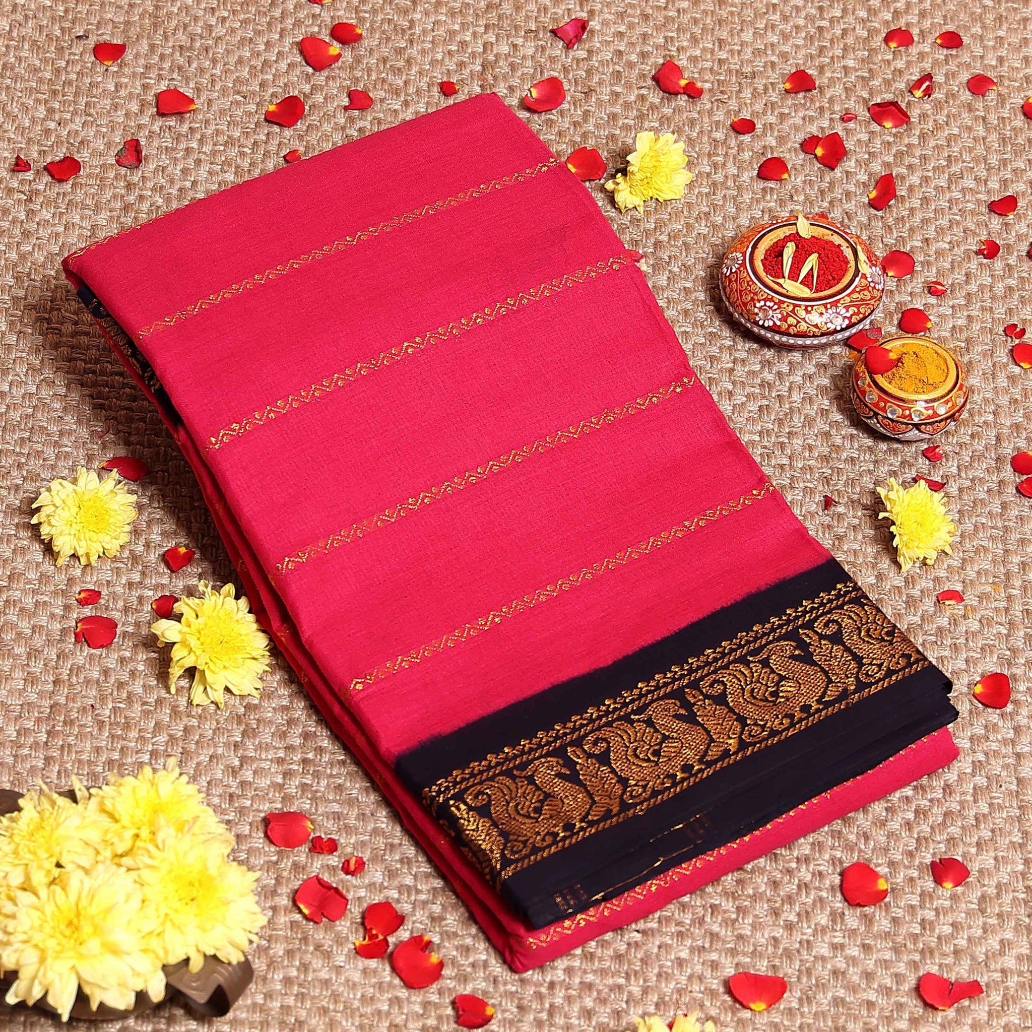 traditional-sungudi-cotton-saree-with-striped-body-and-rich-zari-border-pink-one