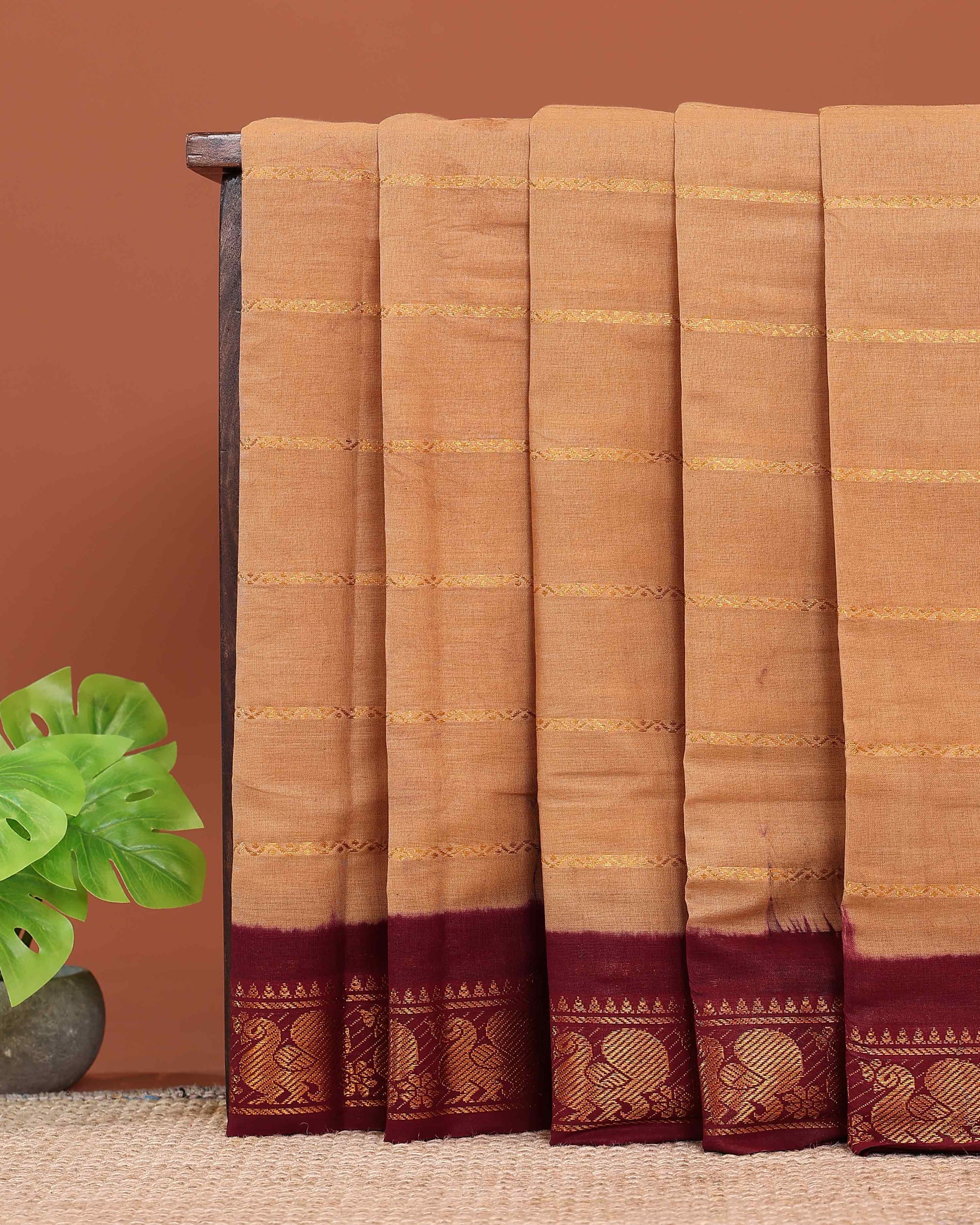 traditional-sungudi-cotton-saree-with-striped-body-and-rich-zari-border-sandal-one