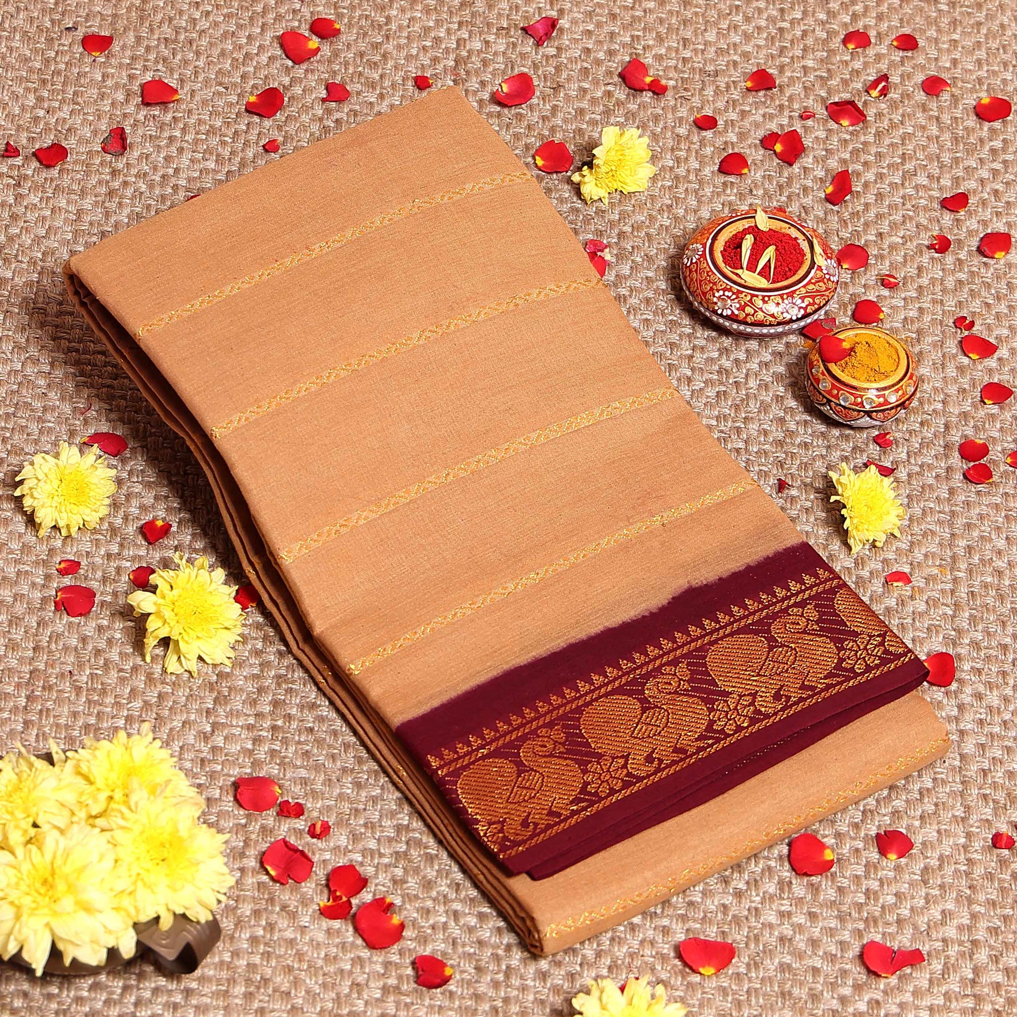 traditional-sungudi-cotton-saree-with-striped-body-and-rich-zari-border-sandal-one