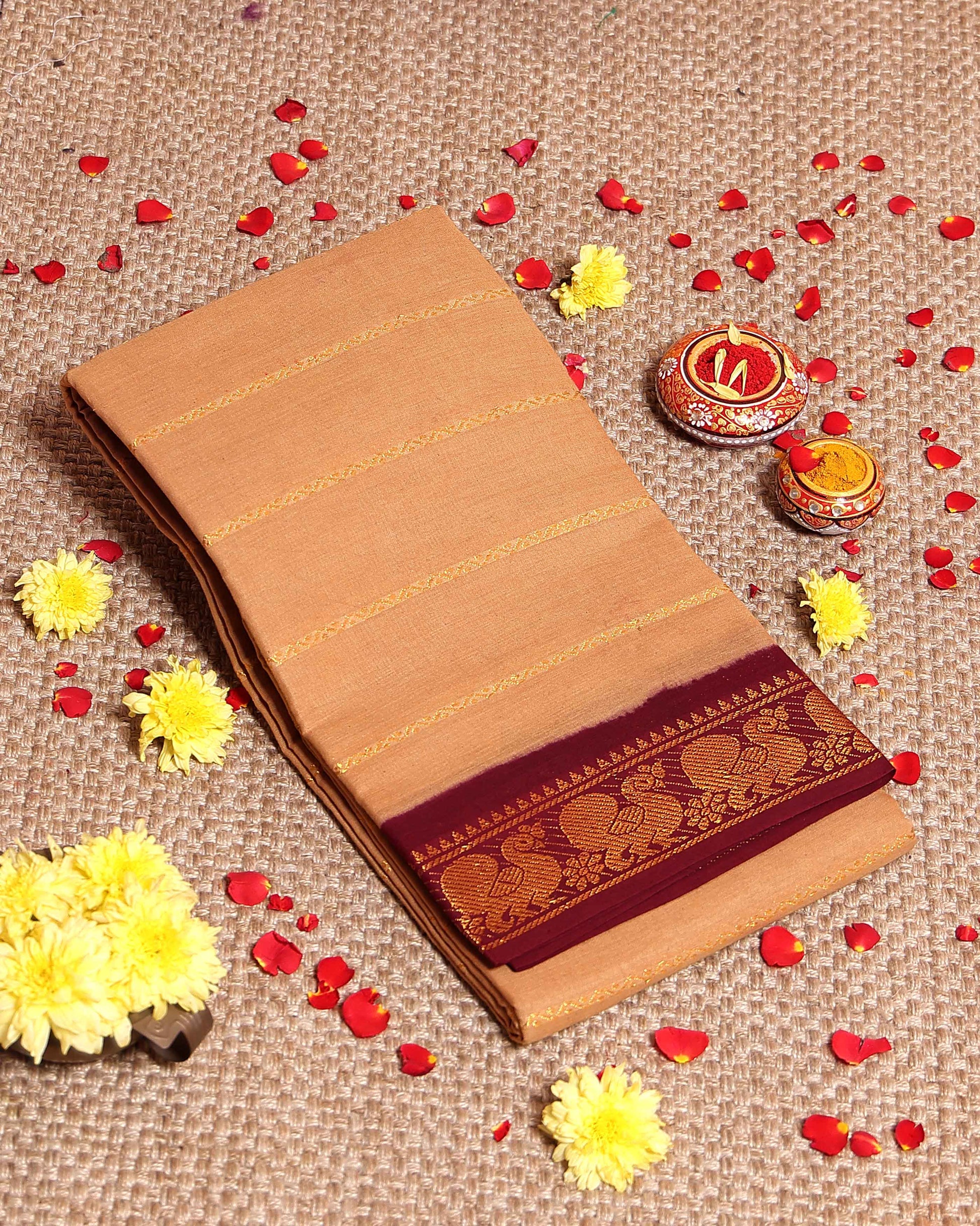 traditional-sungudi-cotton-saree-with-striped-body-and-rich-zari-border-sandal-one