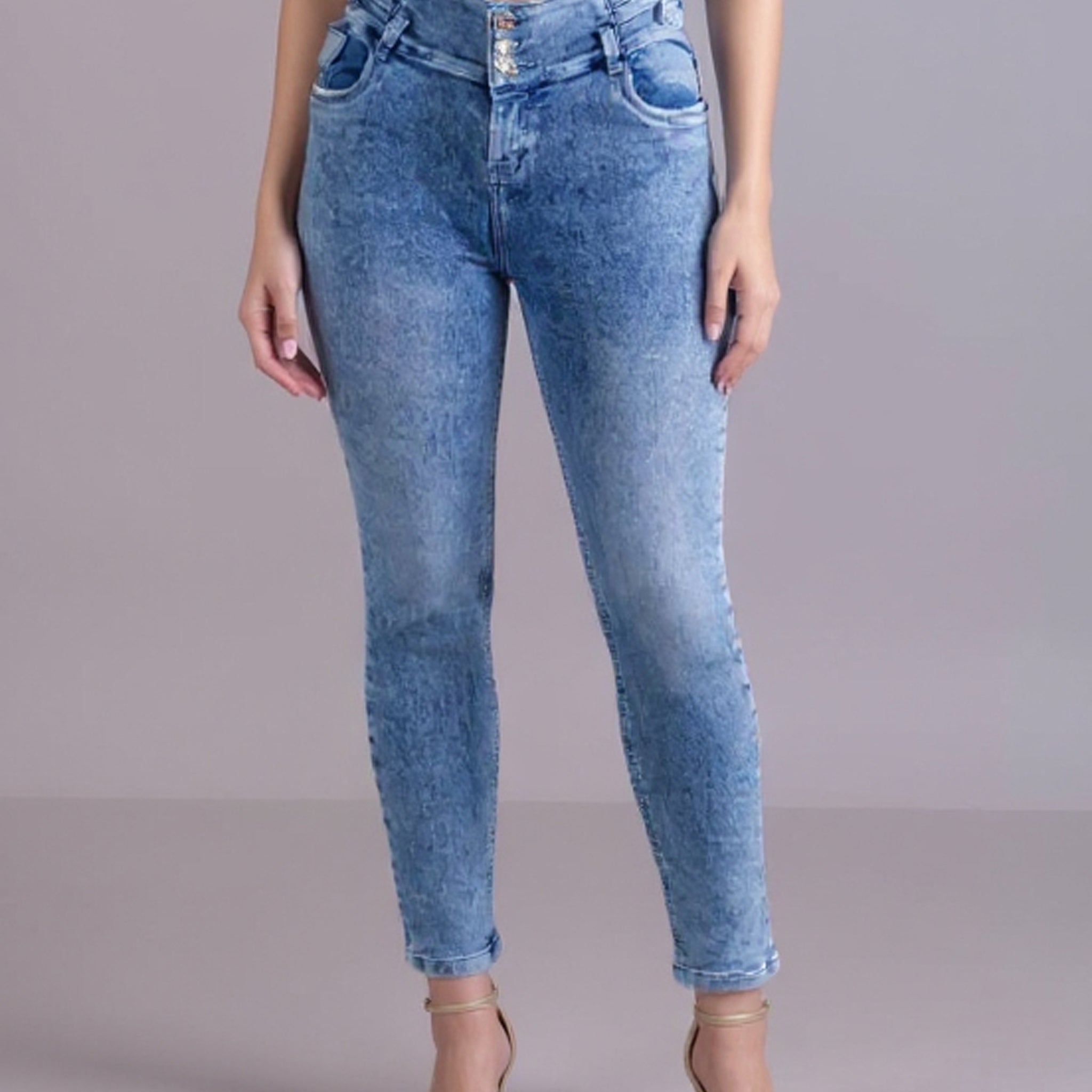 Women's High-Waisted Multi-Button Skinny Jeans - Blue